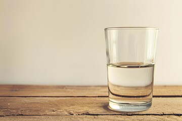 Glass Half Full of Water on Old Wooden Table with Neutral Background