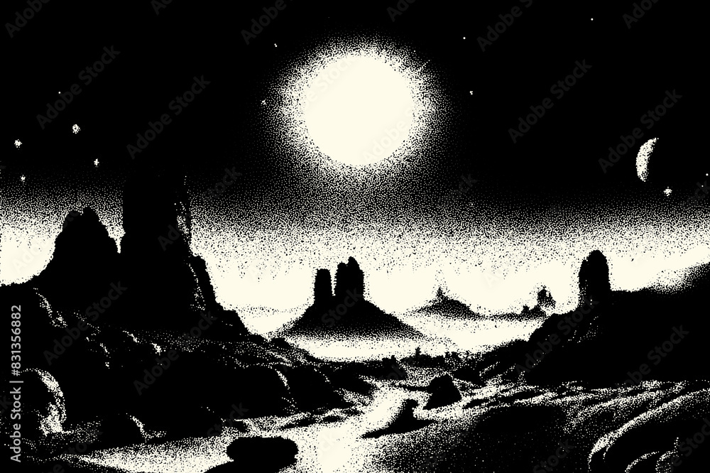 Poster Alien planet landscape in retro dotwork style. Planets and satellites over unknown planet in space. Sci-fi world landscape, beyond our galaxy