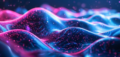 Fototapeta premium Digital neon waves in close-up, 3D vertical light lines, calming hues of blue and pink, high-detail photorealistic contrast, mesmerizing light patterns