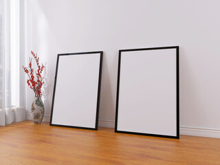 Modern Living Room with Wall Poster Frame Mockup with flower plant 3D Rendering