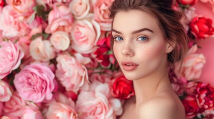 Feminine Elegance A Beautiful Caucasian Woman Posing in a Studio with a Background of Lovely Pink and Red Floral Flowers