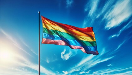 Regenbogenfahne vor blauem Himmel