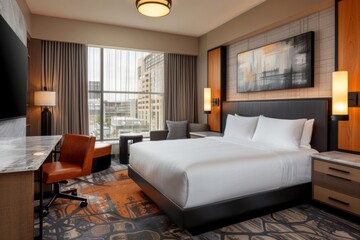 Modern hotel room with city view, chic decor, and comfortable bedding, creating a luxurious and inviting space for relaxation
