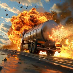 A photorealistic 3D render of a gas tanker truck exploding, with flames and debris flying in all directions, capturing the intense energy and destruction High definition, dramatic