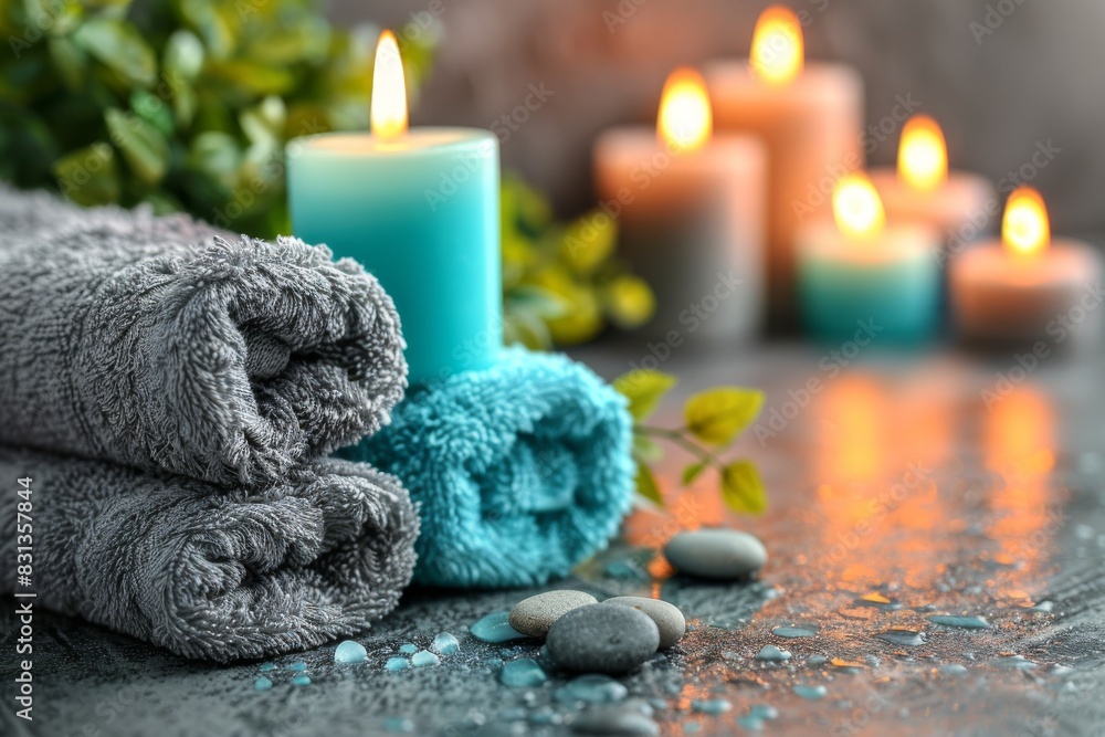Poster cozy spa setting with candles, towels, and pebbles, creating a relaxing and inviting atmosphere for 