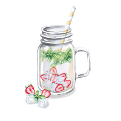 Mug with lemonade, strawberries, mint, straw and ice cubes on the front on a watercolor illustration on a white background. Handmade mug for cookbooks, lemonade, restaurant menu design, bar, cards.