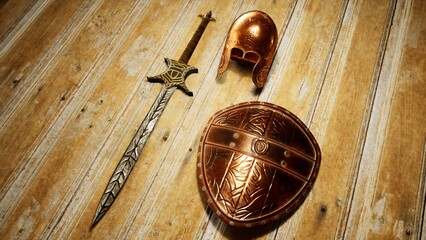 Ancient sword, helmet and shield inspired from Greek designs