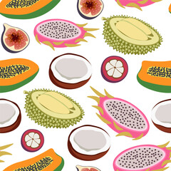 color isolated seamless pattern exotic fruits and berries in flat shape style in vector. template for backdrop textile wallpaper wrapping background print decor design