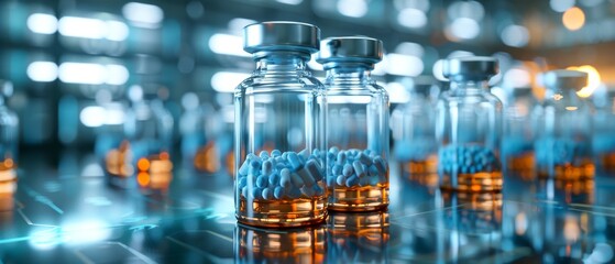 Expansive shot of innovative pharma packaging, crystal-clear vials with potent medicines, capturing the essence of cutting-edge healthcare, hyper-realistic CG 3D render