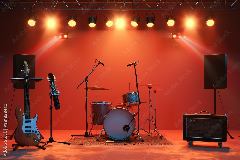 Aufkleber A diverse group of musical instruments arranged neatly on a stage, ready to be played and fill the room with beautiful melodies. Generative AI
