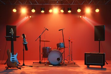 A diverse group of musical instruments arranged neatly on a stage, ready to be played and fill the room with beautiful melodies. Generative AI