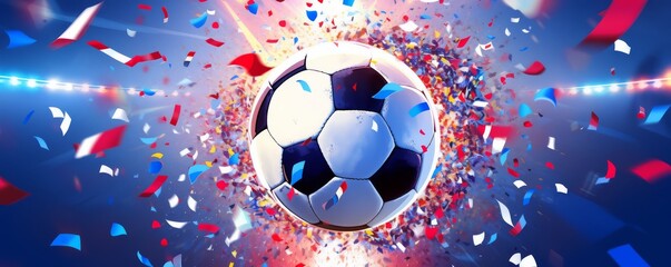 Soccer ball in the center of an explosion of confetti, sense of celebration and excitement in sports