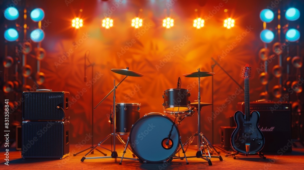 Aufkleber A diverse group of musical instruments gather on a stage, ready to infuse the air with melodies and rhythms that will captivate the audience. Generative AI