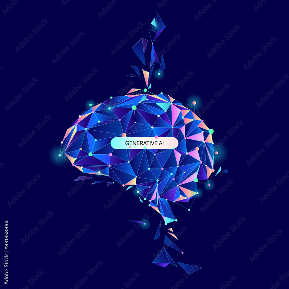 Poster illustration of ai brain with llm, dot and line. big data, technology, ai, data transfer, data flow,