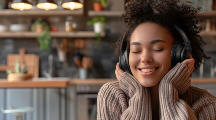 Happy woman wearing wireless headphones and listening to music in kitchen