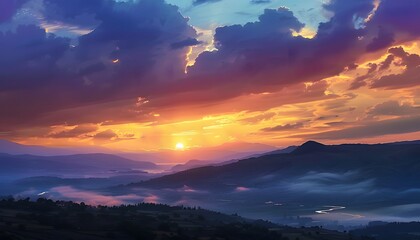 Fototapeta premium - Golden hour illuminates the rugged mountain landscape., Dramatic sky meets the majestic mountain silhouettes at sunset.