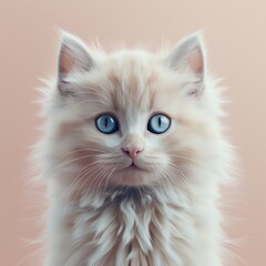 Fototapeta premium Closeup of a fluffy white kitten with bright blue eyes, looking directly at the camera with a tiny smile, against a soft pink background , 3DCG