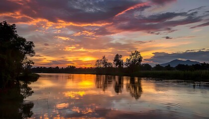 Fototapeta premium Serene evening scene with a peaceful river bathed in the warm glow of sunset.