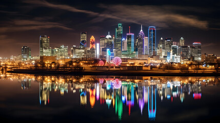 Vibrant Cityscape at Night with Bright Lights and Skyscrapers