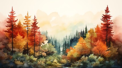 Watercolor painting of an autumn forest with vibrant foliage.