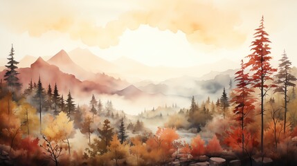 Watercolor painting of a mountain range with autumn foliage and fog.