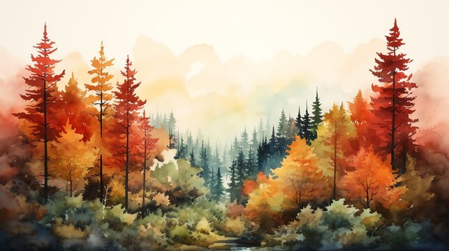 Watercolor painting of an autumn forest with vibrant foliage.