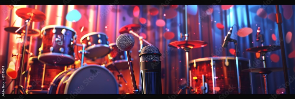 Aufkleber A collection of musical instruments and microphones elegantly arranged in a room, setting the stage for a captivating performance filled with harmonious melodies. Generative AI