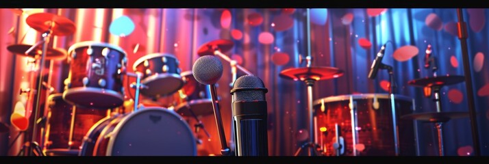 A collection of musical instruments and microphones elegantly arranged in a room, setting the stage for a captivating performance filled with harmonious melodies. Generative AI