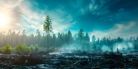 Deforestation worsens climate change by destroying trees raising global temperatures. Concept Deforestation, Climate Change, Tree Destruction, Global Warming