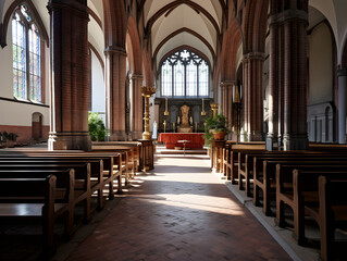 Fototapeta premium Grand Historic Church Interior with Stained Glass Windows and Wooden Pews