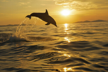 Fototapeta premium AI generated illustration of a dolphin leaping from the ocean with the setting sun behind