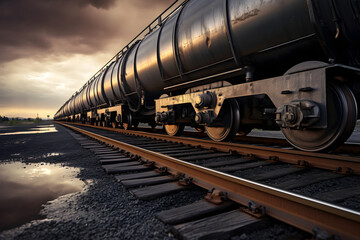 Obraz premium Vintage Steam Train on Railway Tracks at Sunset