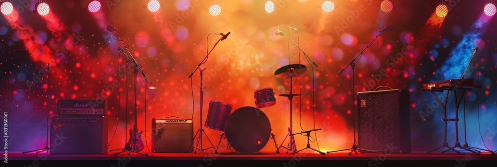 Poster A vibrant stage is filled with dazzling lights and an array of musical instruments, ready to deliver a dynamic performance. Generative AI