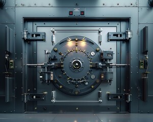Highsecurity bank vault entrance showcasing a massive door with intricate locking mechanisms, biometric scanner, and sturdy frame , high resolution DSLR