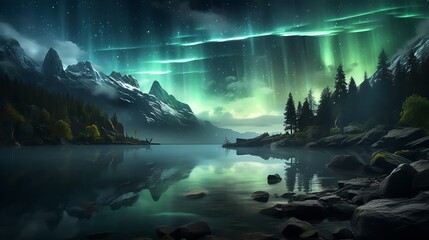 Aurora Borealis illuminating a mountain lake with a stunning reflection.