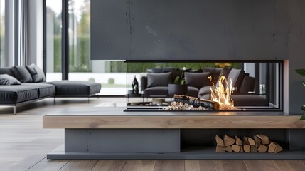  The image captures the unique design of a floating hearth fireplace, combining wood and concrete...