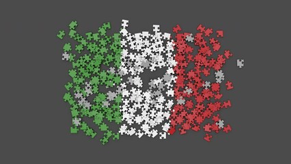 Animation of a Italy flag falling onto the surface, assembled from a puzzle with an alpha channel and a shadow. Wind blows the scattered pieces out of frame