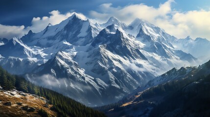 Fototapeta premium Majestic snow-capped mountain range with clouds and forest in the foreground.