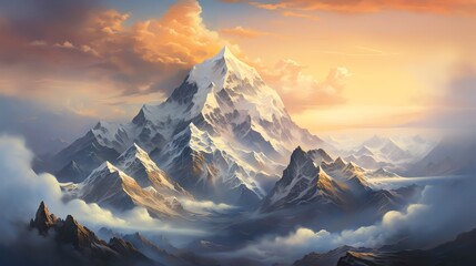 Majestic snow-capped mountain peak rising above clouds at sunset.