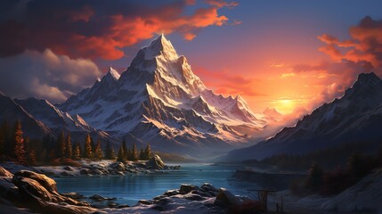 Majestic snow-capped mountain peak at sunset, reflecting in a still lake.