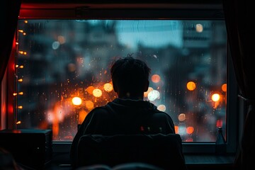 Fototapeta premium Giraffe looking out window city night