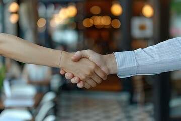 Two people shaking hands at a restaurant