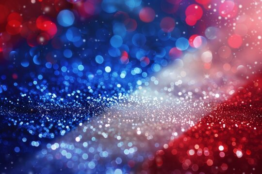 Red, white and blue glitter background with bokeh lights in the colors of France flag for festive or celebration design Generative AI
