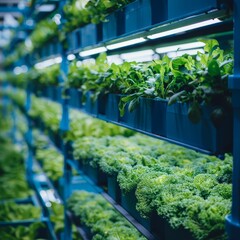 Fototapeta premium A row of green plants are displayed in blue containers