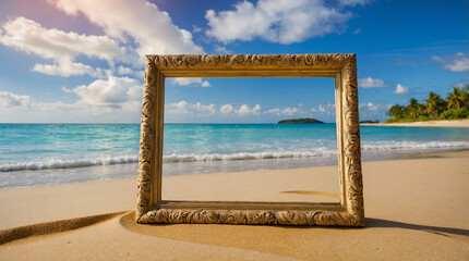 Beautiful beach with a defocused background of sand and palm trees with a painting frame. summer trips.