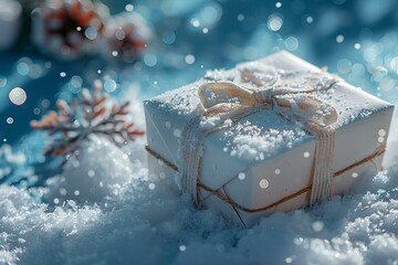 White gift box ribbon snow