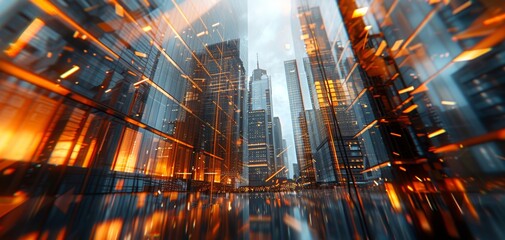 Intricate cityscape rendering with close-up of modern glass buildings