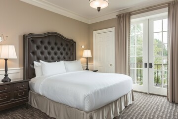 Fototapeta premium Modern hotel room with classic decor and comfortable bedding, creating a stylish and inviting space for rest