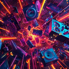 A futuristic cyberpunk illustration of a speaker explosion, with neon-lit fragments and electronic components scattering in a high-tech environment Neon theme, vibrant colors