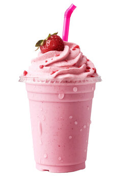 A pink milkshake with a strawberry on top. The milkshake is in a clear plastic cup isolated transparent background
